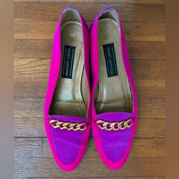 Stuart Weitzman Shoes - Stuart Weitzman Fuchsia & Magenta Chain-Trim Loafers